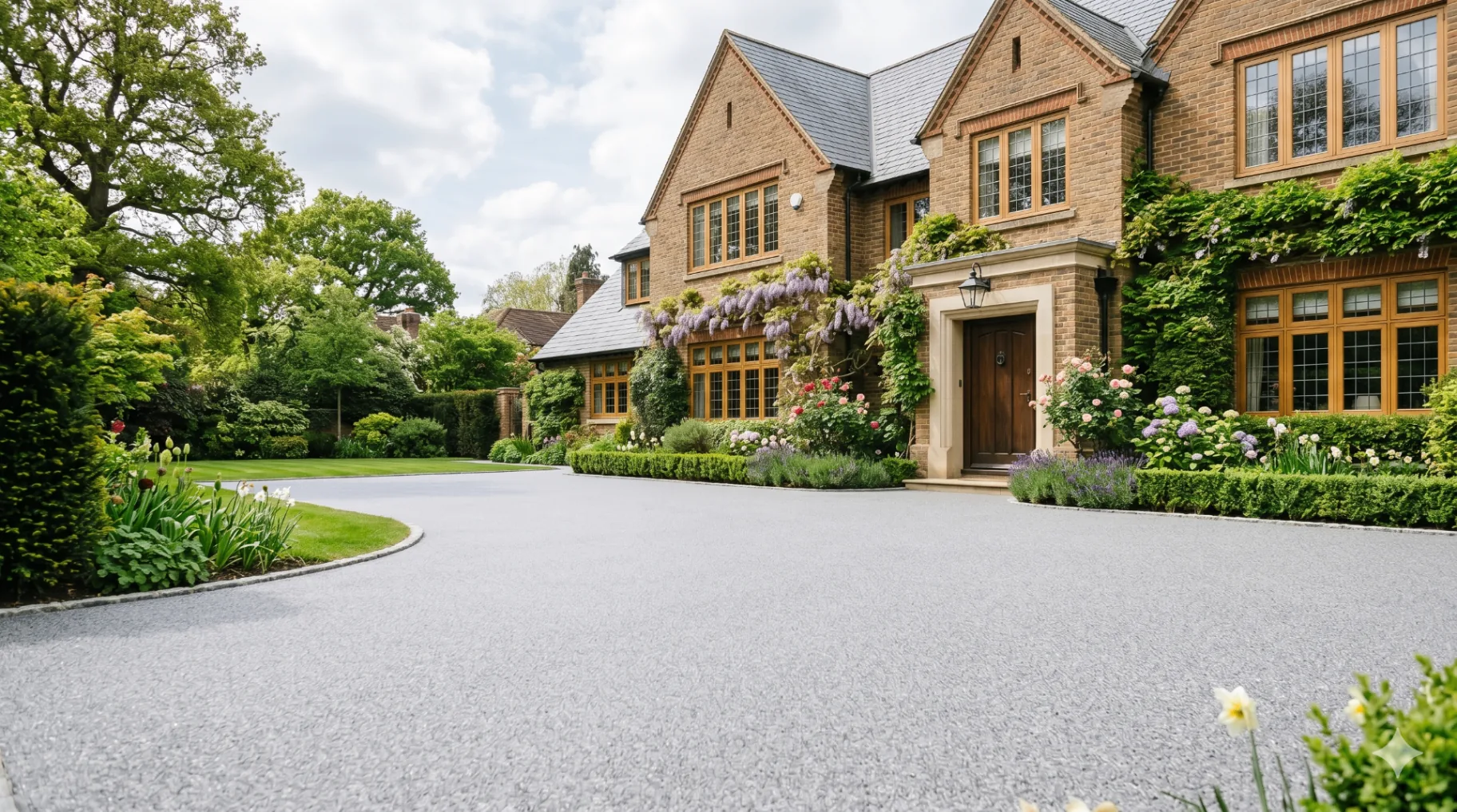 Resin bound driveway installed in front of a traditional brick home in Berkshire