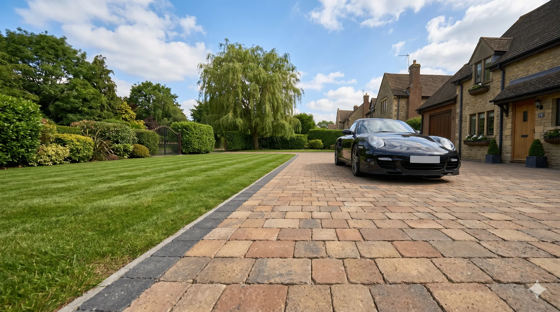 Charcoal and brindle block paving driveway in a herringbone pattern with a black sports car