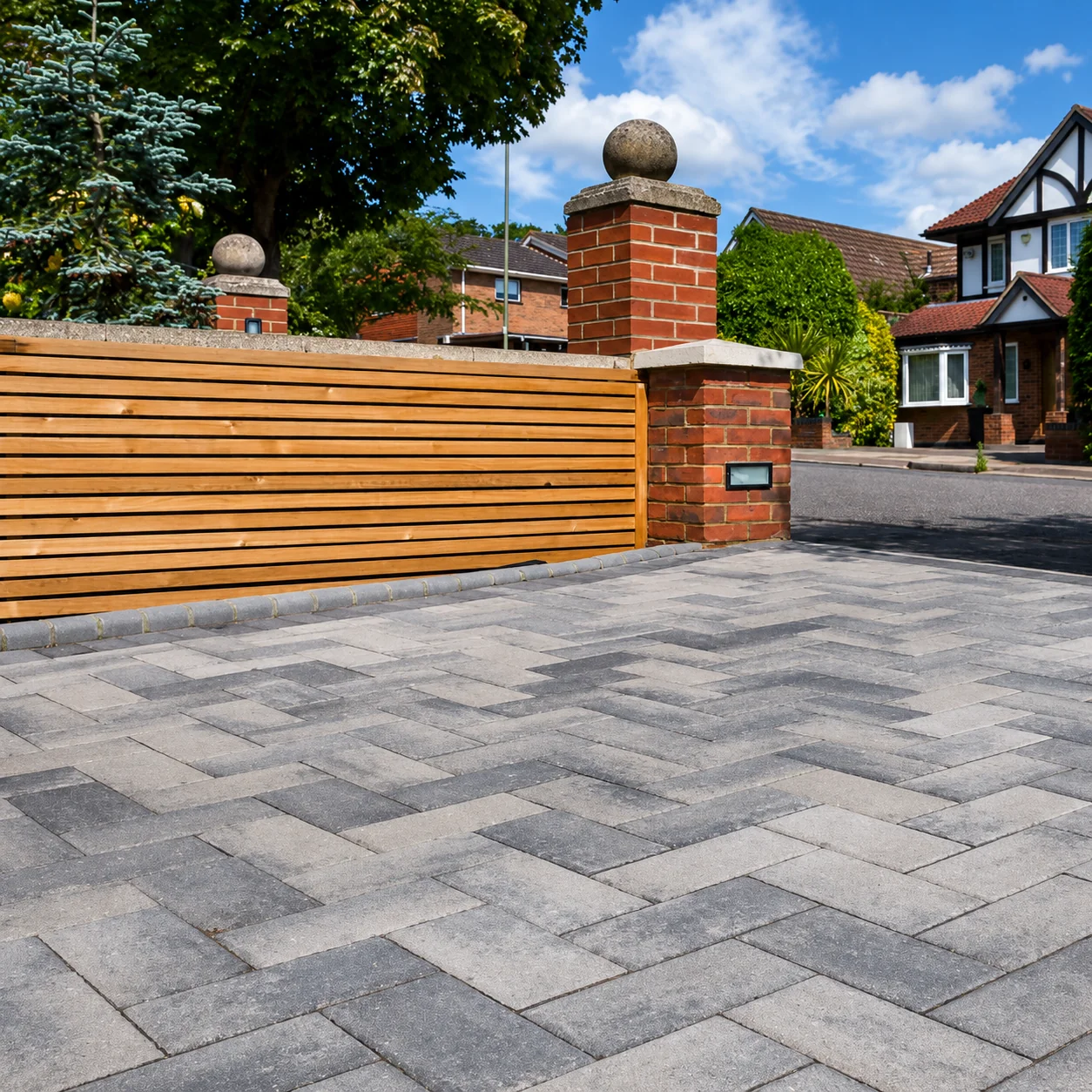 Close-up of block paving showing interlocking herringbone pattern and pointing
