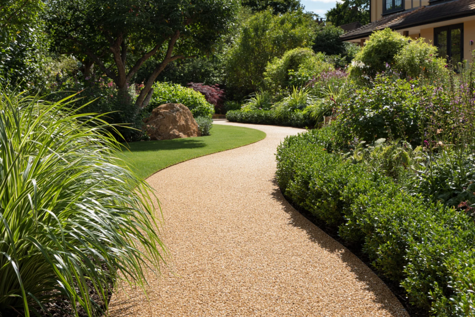 Curved resin bound pathway through a landscaped garden with mature planting