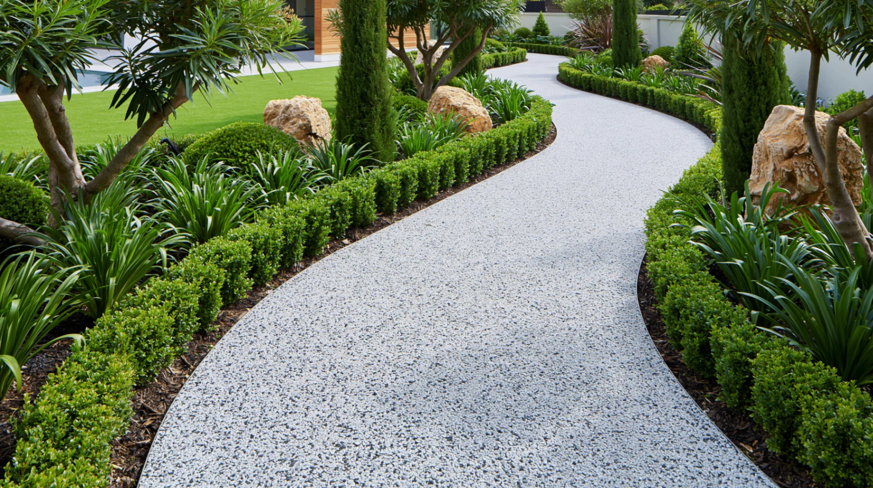 Silver-grey resin bound pathway curving through a modern landscaped garden in Surrey