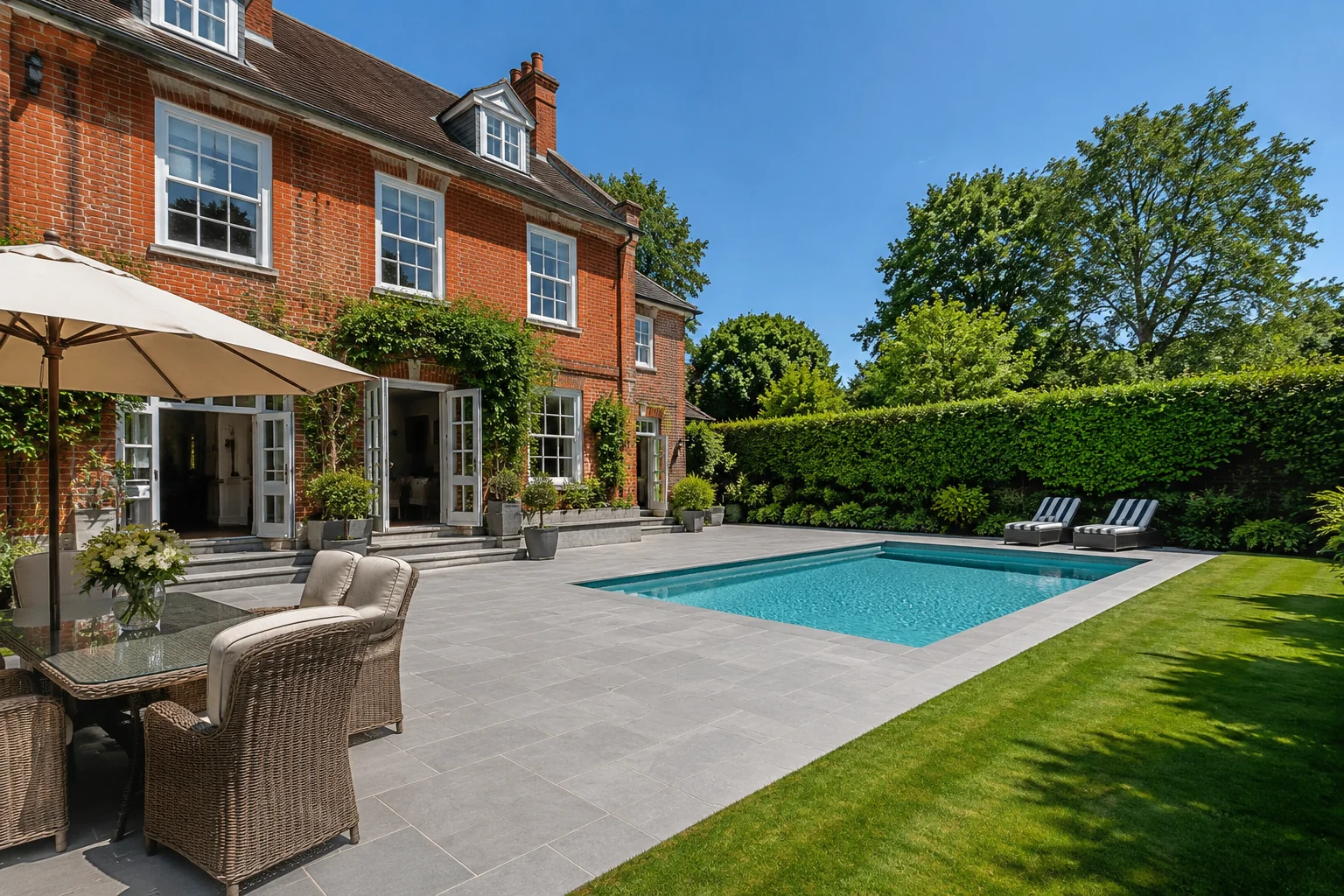 Indian sandstone patio with mixed size flagstones installed in a Berkshire rear garden