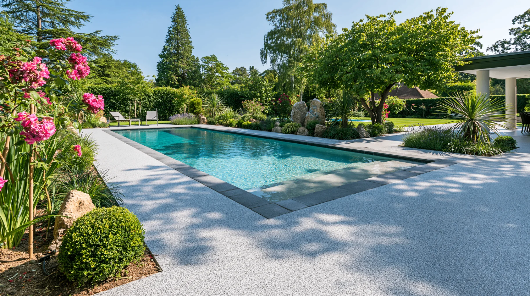 Resin bound pool surround with seamless finish around a rectangular outdoor swimming pool